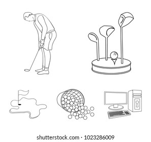 Stand for a golf club, muzhchin playing with a club, basket with balls, label with a flag on the golf course. Golf Club set collection icons in outline style vector symbol stock illustration web.