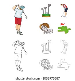 Stand for a golf club, muzhchin playing with a club, basket with balls, label with a flag on the golf course. Golf Club set collection icons in cartoon,outline style vector symbol stock illustration