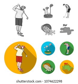 Stand for a golf club, muzhchin playing with a club, basket with balls, label with a flag on the golf course. Golf Club set collection icons in monochrome,flat style vector symbol stock illustration