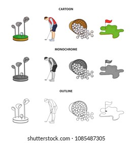 Stand for a golf club, muzhchin playing with a club, basket with balls, label with a flag on the golf course. Golf Club set collection icons in cartoon,outline,monochrome style vector symbol stock