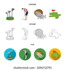 Stand for a golf club, muzhchin playing with a club, basket with balls, label with a flag on the golf course. Golf Club set collection icons in cartoon,outline,flat style vector symbol stock