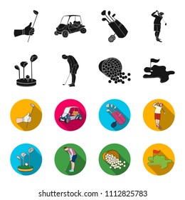 Stand for a golf club, muzhchin playing with a club, basket with balls, label with a flag on the golf course. Golf Club set collection icons in black,flet style vector symbol stock illustration web.