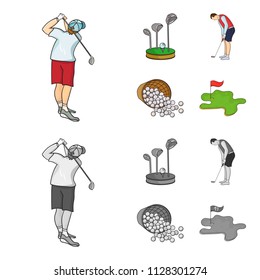 Stand for a golf club, muzhchin playing with a club, basket with balls, label with a flag on the golf course. Golf Club set collection icons in cartoon,monochrome style vector symbol stock