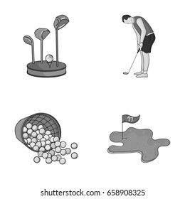 Stand for a golf club, muzhchin playing with a club, basket with balls, label with a flag on the golf course. Golf Club set collection icons in monochrome style vector symbol stock illustration web.
