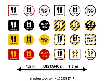 Stand here and keep distance stickers collection. Social distancing protection icons.