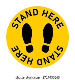 Stand Here Round Floor Marking Icon with Text and Shoeprints for Queue Line or Other Purposes