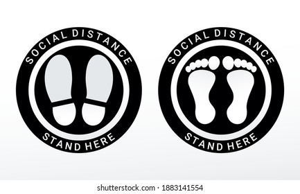 Stand here round sign. Keep distance. Footprint floor. Social distance. Illustration vector