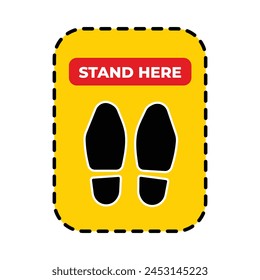 Estar aquí distanciamiento social huellas de pie para la etiqueta engomada ilustración de Anuncio de piso de edad aislado en fondo amarillo Vertical. Diseño gráfico plano simple para el dibujo de las impresiones.