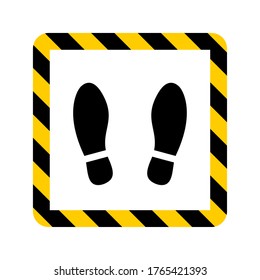 Stand Here Or Wait Here Floor Marking Adhesive Icon With Security Stripes Frame And Shoeprint Symbols. Vector Image.