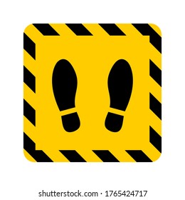 Stand Here Or Wait Here Floor Marking Adhesive Icon With Security Striped Frame And Shoe Print Symbols. Vector Image.