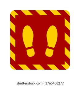 Stand Here Or Wait Here Floor Marking Adhesive Icon With Security Stripes Frame And Shoeprint Symbols. Vector Image.