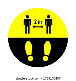 Stand Here Or Wait Here Round Floor Marking Adhesive Icon With Shoeprints And Social Distancing 2m Or 2 Metres Signs. Vector Image.