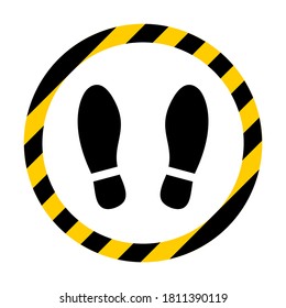 Stand Here Or Wait Here Round Floor Marking Adhesive Icon With Security Stripes Outline And Shoeprint Symbols. Vector Image.