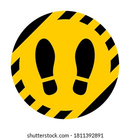 Stand Here Or Wait Here Round Floor Marking Adhesive Icon With Security Stripes Outline And Shoeprint Symbols. Vector Image.