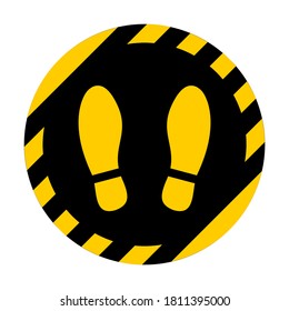 Stand Here or Wait Here Round Floor Marking Adhesive Icon with Security Stripes Outline and Shoeprint Symbols. Vector Image.
