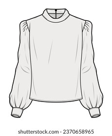 Lugar de alto cuello Bishop Sleeve Blouse Moda superior Ilustración, Vector, CAD, Dibujo Técnico, Plano Plano, Plantilla, Mockup.