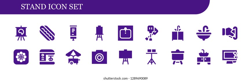  stand icon set. 18 filled stand icons. Simple modern icons about  - Canvas, Hotdog, Roll up, Sink, Paddles, Insert coin, Photos, Mixer, Food cart, Photo, Stand, Display