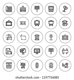Stand icon set. collection of 25 outline stand icons with artboard, banners, bbq grill, canvas, display, food cart, hotdog, mail box, iv pole, paddles icons. editable icons.