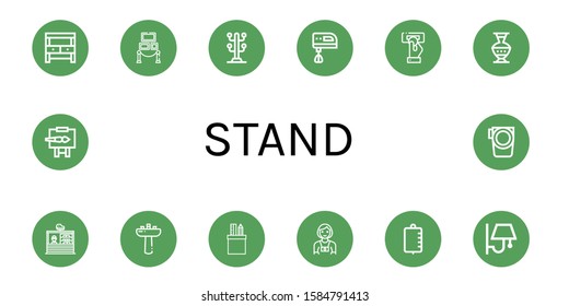 stand icon set. Collection of Potting bench, Exhibition, Coat stand, Electric mixer, Insert coin, Pottery, Stand, Washbasin, Stationery, Photographer, Iv bag, Wall lamp icons