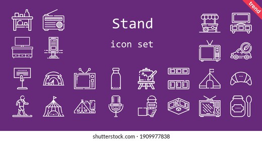 Stand Icon Set. Line Icon Style. Stand Related Icons Such As Exhibition, Tent, Easel, Television, Holder, Billboard, Cupboard, Products, Shelf, Radio, Electric Car, Food Stand, Walking, Microphone