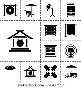 Stand icons. set of 13 editable filled stand icons such as gong, nightstand, roundelay, fast food cart, studio umbrella, studio curtain