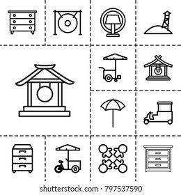 Stand icons. set of 13 editable outline stand icons such as gong, nightstand, roundelay, fast food cart, studio umbrella, table lamp