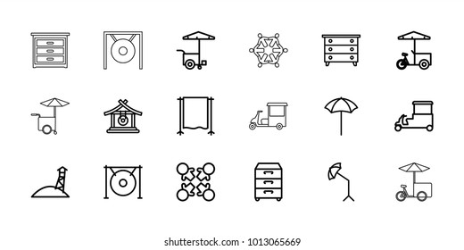 Stand icons. set of 18 editable outline stand icons: gong, nightstand, roundelay, fast food cart, studio umbrella, studio curtain