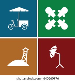 Stand icons set. set of 4 stand filled icons such as fast food cart, studio umbrella, observation military tower