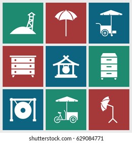 Stand icons set. set of 9 stand filled icons such as gong, nightstand, fast food cart, studio umbrella