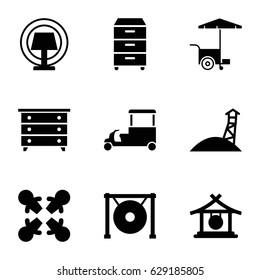 Stand icons set. set of 9 stand filled icons such as gong, nightstand, fast food cart, table lamp, observation military tower