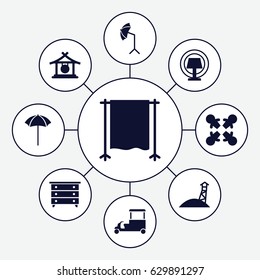 Stand icons set. set of 9 stand filled icons such as gong, nightstand, fast food cart, studio umbrella, studio curtain, table lamp, observation military tower