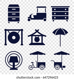 Stand icons set. set of 9 stand filled icons such as gong, nightstand, fast food cart, studio umbrella