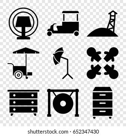 Stand icons set. set of 9 stand filled icons such as nightstand, fast food cart, gong, studio umbrella, table lamp, observation military tower