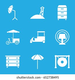 Stand icons set. set of 9 stand filled icons such as nightstand, fast food cart, gong, studio umbrella, table lamp