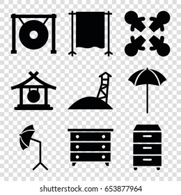 Stand icons set. set of 9 stand filled icons such as gong, nightstand, studio umbrella, studio curtain, observation military tower
