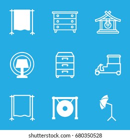 Stand icons set. set of 9 stand filled and outline icons such as gong, studio umbrella, studio curtain, table lamp, nightstand