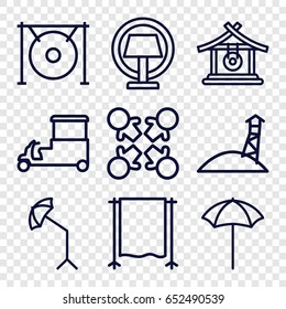 Stand icons set. set of 9 stand outline icons such as gong, fast food cart, studio umbrella, studio curtain, table lamp, observation military tower