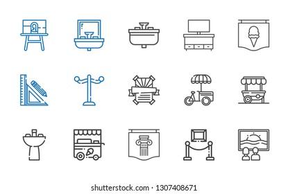 Stand Icons Set. Collection Of Stand With Canvas, Exhibition, Poster, Ice Cream Cart, Sink, Food Stand, Rack, Stationery, Cupboard. Editable And Scalable Icons.