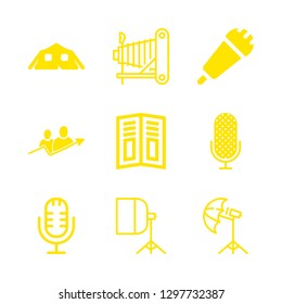 stand icons set with compact folding camera, microphone and group and arrow vector set