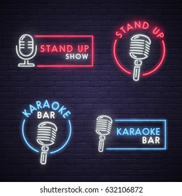 Stand Up And Karaoke Bar Neon Sign. Neon Sign, Bright Signboard, Light Banner. 