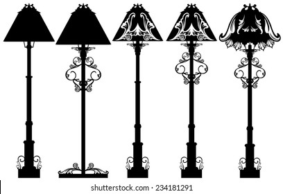 stand lamp black and white vector design set - detailed floor lamp silhouettes