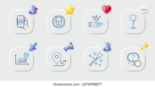 Stand lamp, Magic wand and Wind energy line icons. Buttons with 3d bell, chat speech, cursor. Pack of 5g statistics, Journey, Face detect icon. Food app, Question button pictogram. Vector