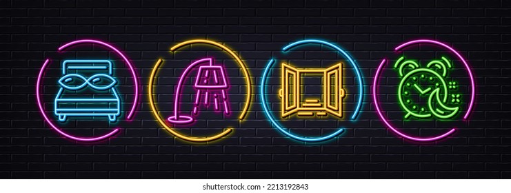 Stand lamp, Open door and Pillows minimal line icons. Neon laser 3d lights. Alarm icons. For web, application, printing. Floor lamp, Entrance, Night bed. Night clock. Neon lights buttons. Vector