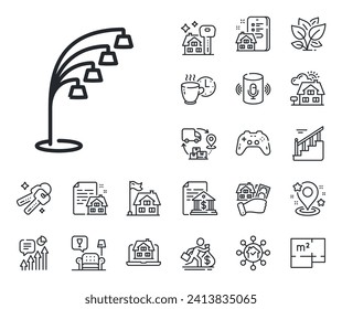 Stand light sign. Floor plan, stairs and lounge room outline icons. Floor lamp line icon. Interior illuminate symbol. Floor lamp line sign. House mortgage, sell building icon. Real estate. Vector