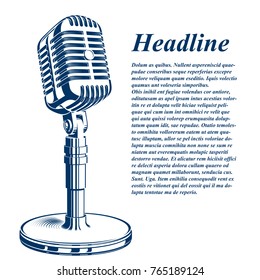 Ponga en pie el folleto de promoción de espectáculos en directo con ilustración vectorial de micrófono de escenario. Idea de campaña de información pública