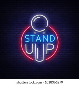 Stand Up Logo in Neon Style. Comedy show is neon sign, symbol, an invitation to a comedy performance, bright banner, neon poster, nightlit advertising for your projects. Vector illustration