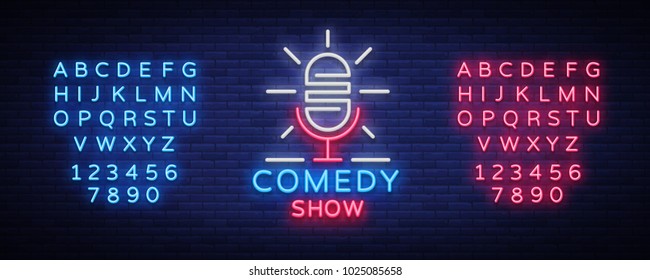 Stand Up Logo in Neon Style. Comedy show is neon sign, symbol, an invitation to a comedy performance, bright banner, neon poster, nightlit advertising. Vector illustration. Editing text neon sign