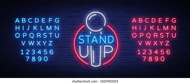 Stand Up Logo in Neon Style. Comedy show is neon sign, symbol, an invitation to a comedy performance, bright banner, neon poster, nightlit advertising. Vector illustration. Editing text neon sign