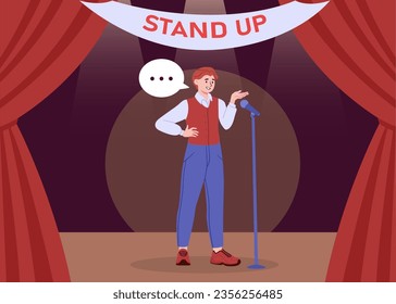 Stand up man concept. Young guy standing on stage with microphone against background of red curtain. Humour and jokes. Artist perform at scene, comedian. Cartoon flat vector illustration