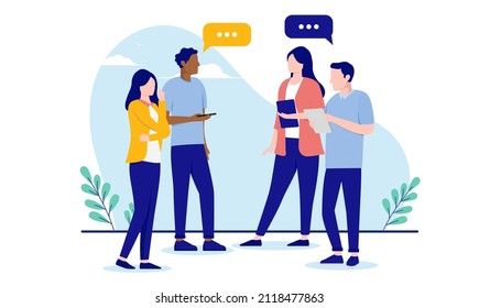 Stand Up Meeting - Business Team Of People Having A Discussion While Standing. Flat Design Vector Illustration With White Background